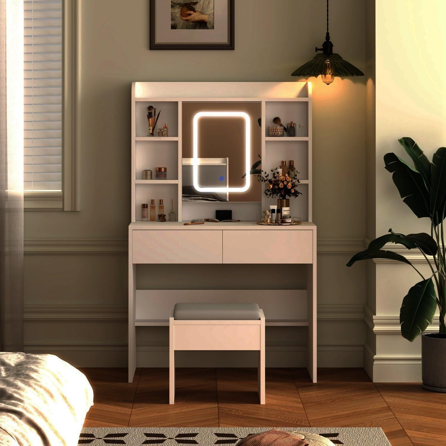 Modern White Dressing Table Vanity Set LED Mirror Adjustable Shelves Wood