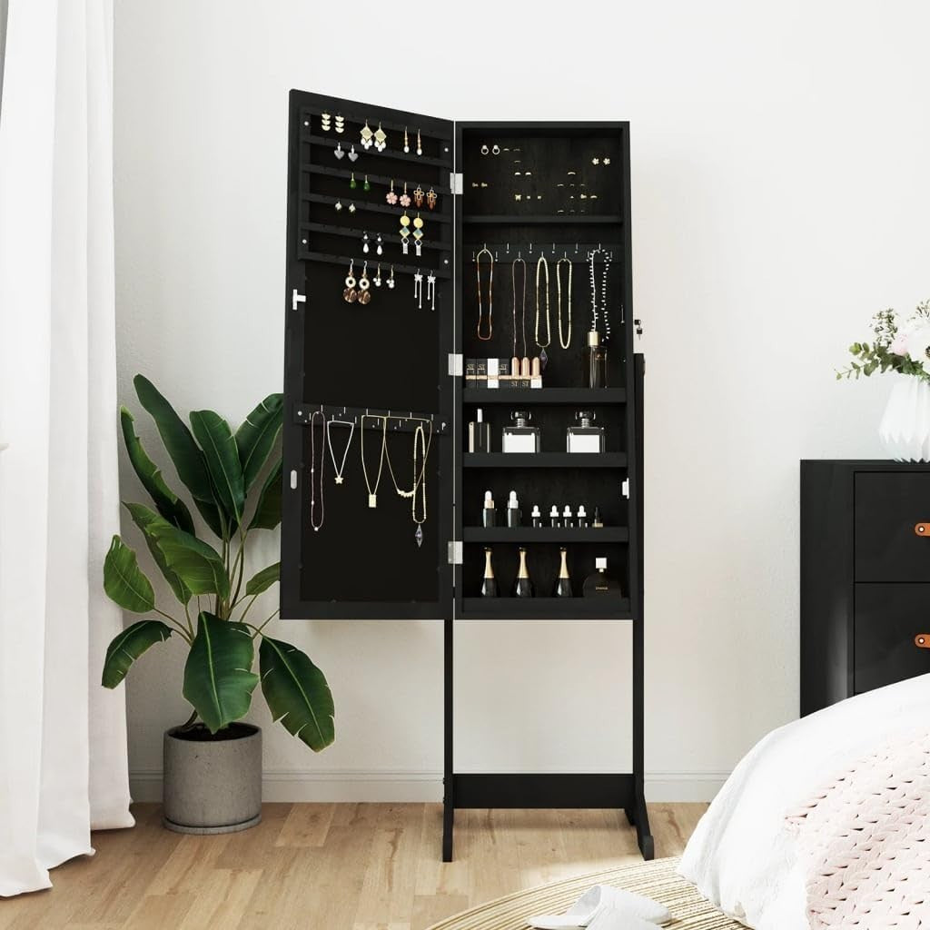 Lockable Standing Mirror Jewelry Cabinet Frameless Storage Armoire Black