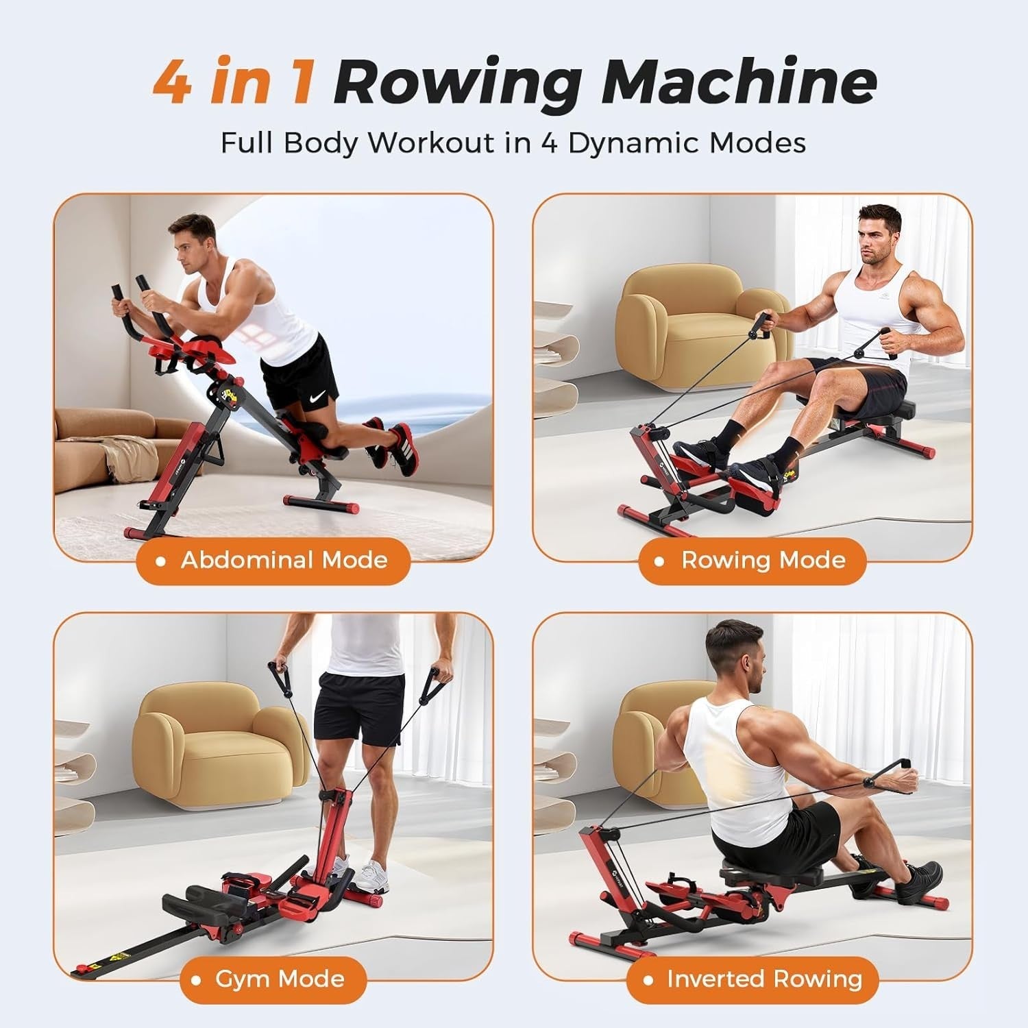 4-in-1 Rowing Machine Ab Trainer Foldable Quiet Rower LCD Home Gym 118KG