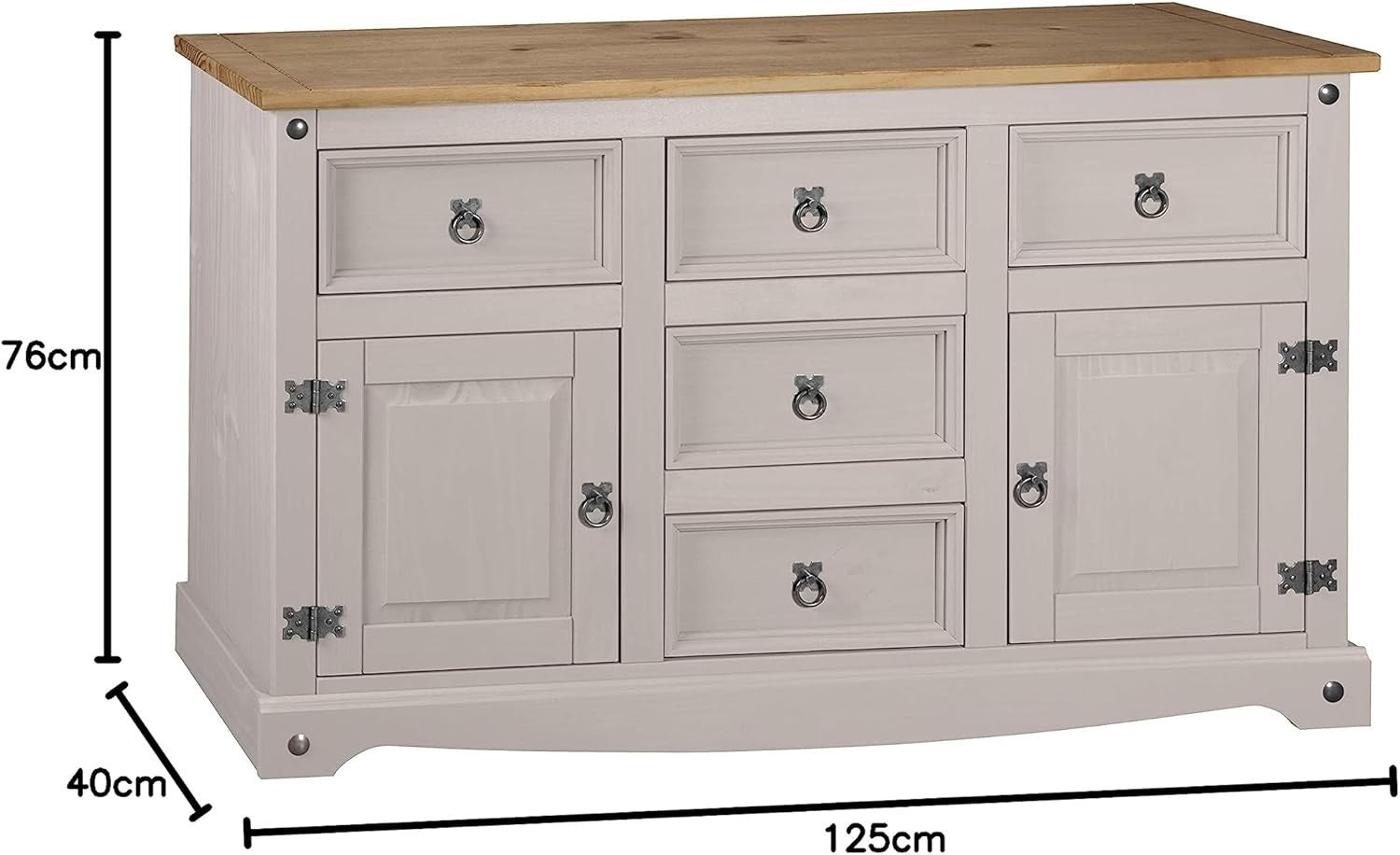 Grey Pine Sideboard Cabinet 2 Doors 5 Drawers Storage Rustic Solid Wood Unit