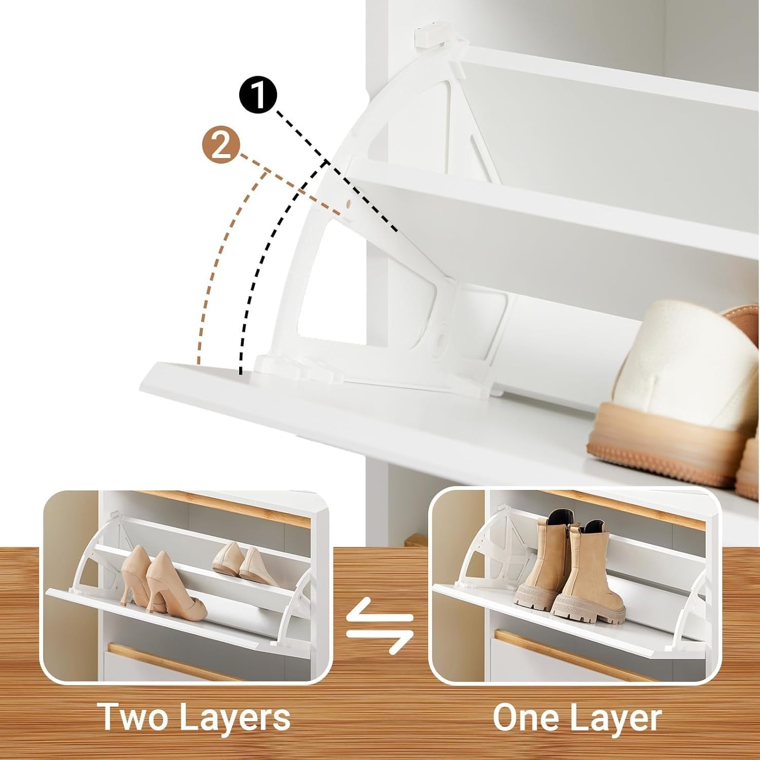 Slim White Shoe Cabinet with 2 Flip Drawers Hallway Storage 60x34x91cm