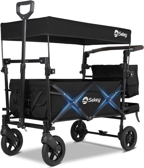 Black Kids Folding Wagon with Canopy Shockproof Wheels 100kg Family Transport