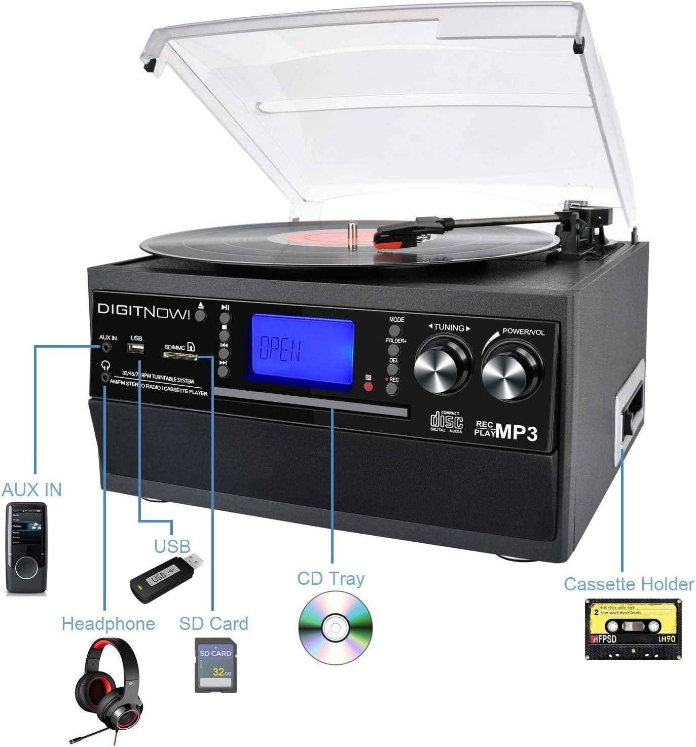 Bluetooth Record Player Turntable CD Cassette AM FM USB SD Encoding