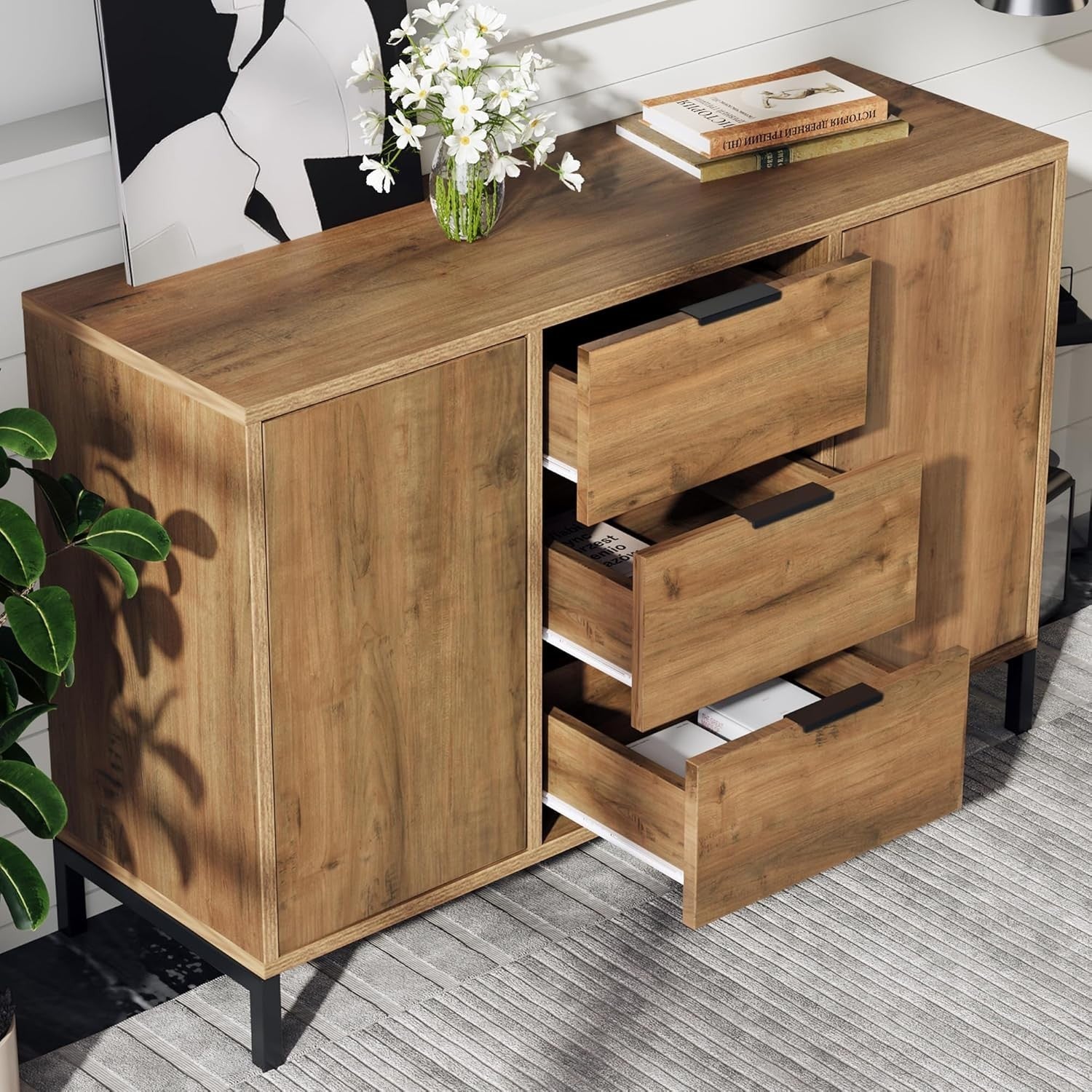 120cm Oak Sideboard Cabinet with Adjustable Shelves, 3 Drawers & Doors