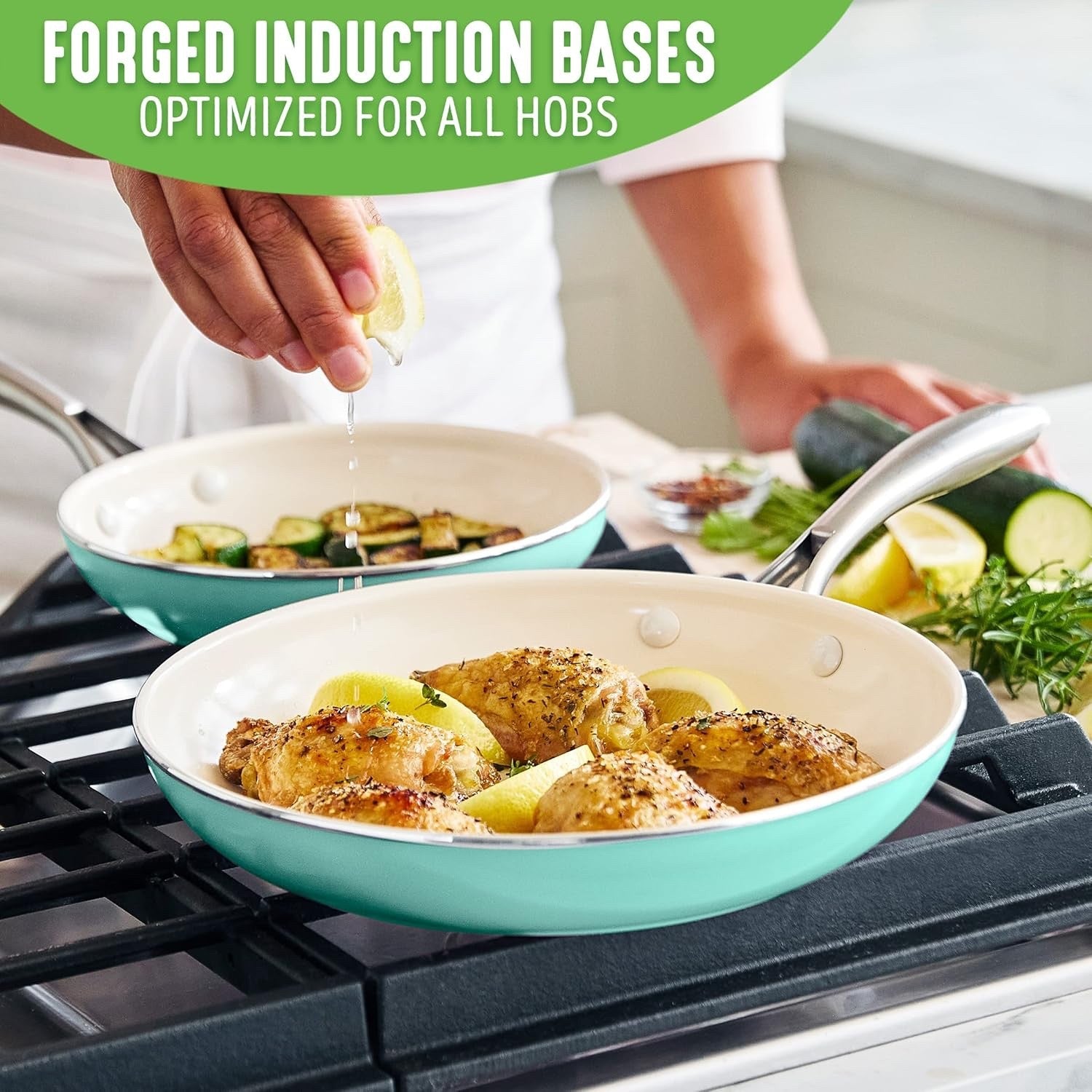 2Pcs Turquoise Ceramic Frying Pan Set Non Stick 20cm 26cm Induction PFAS Free