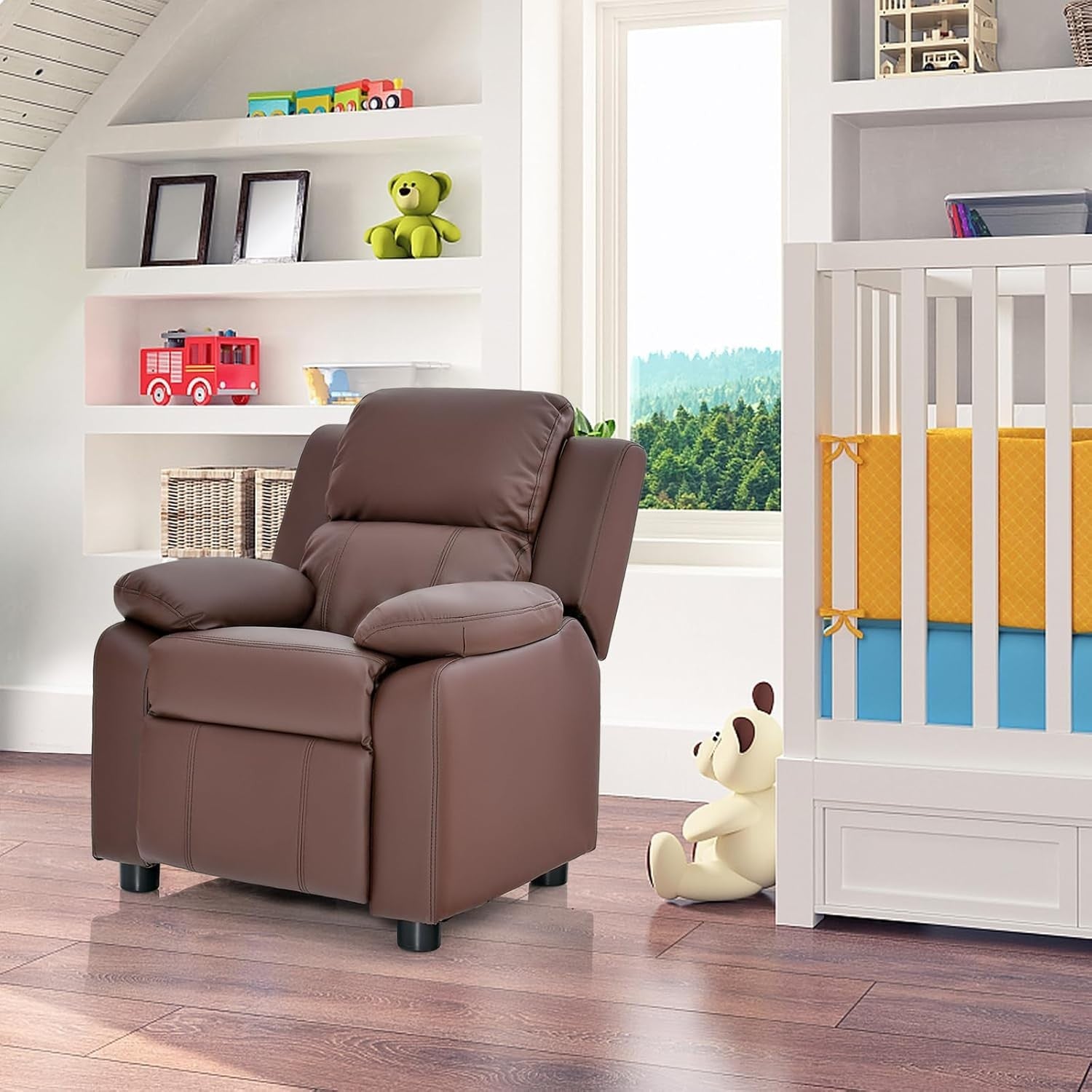 Kids Recliner Chair PU Leather Adjustable Backrest & Footrest with Storage Arms