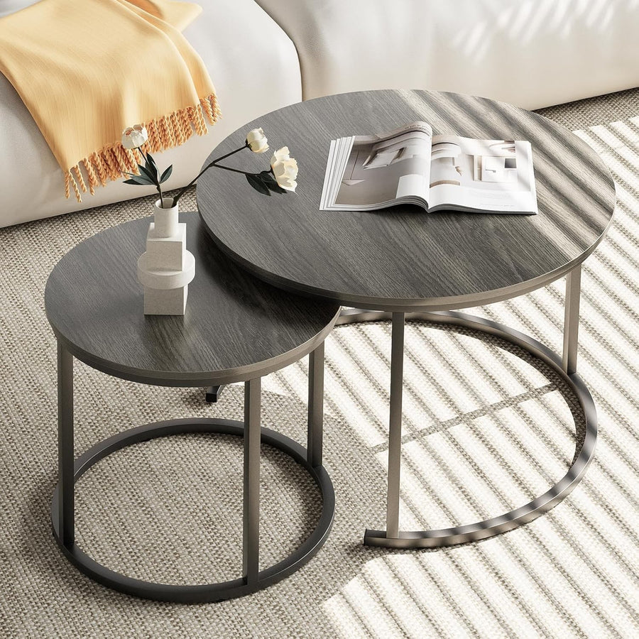 Grey Round Nesting Coffee Table Set 2, Modern Living Room Side End Tables