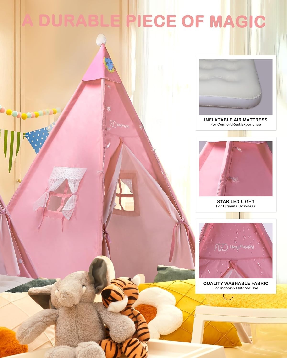 Kids Teepee Tent with Inflatable Airbed, Lights & Balloons – Pink Playhouse