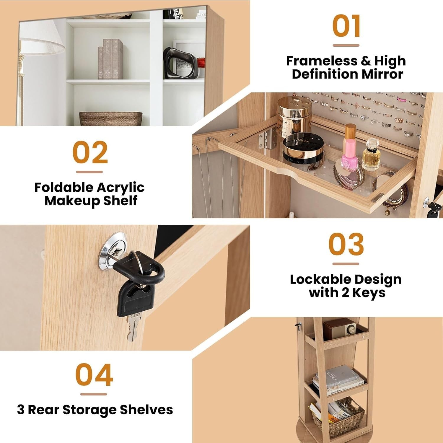 Natural Wood Rotating Jewelry Armoire LED Mirror Lockable Storage
