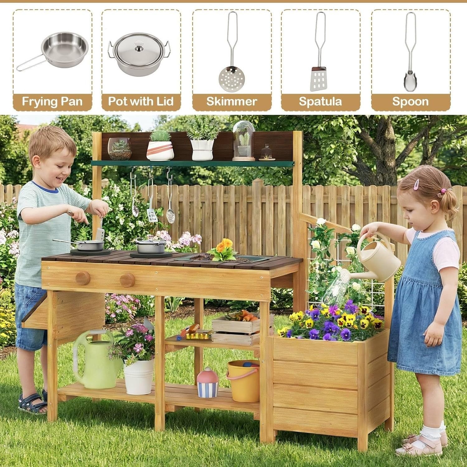 Outdoor Mud Kitchen Kids Garden Potting Bench Sink Wooden Playset