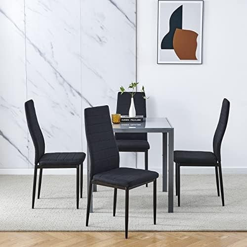 Square Glass Dining Table Set 4 Chairs Modern Space Saving Grey Linen Black