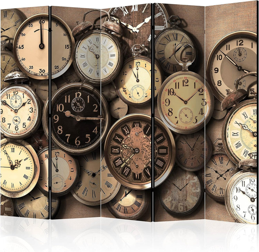 Vintage Clock Print 5 Panel Folding Room Divider 225x172cm Single Sided Screen