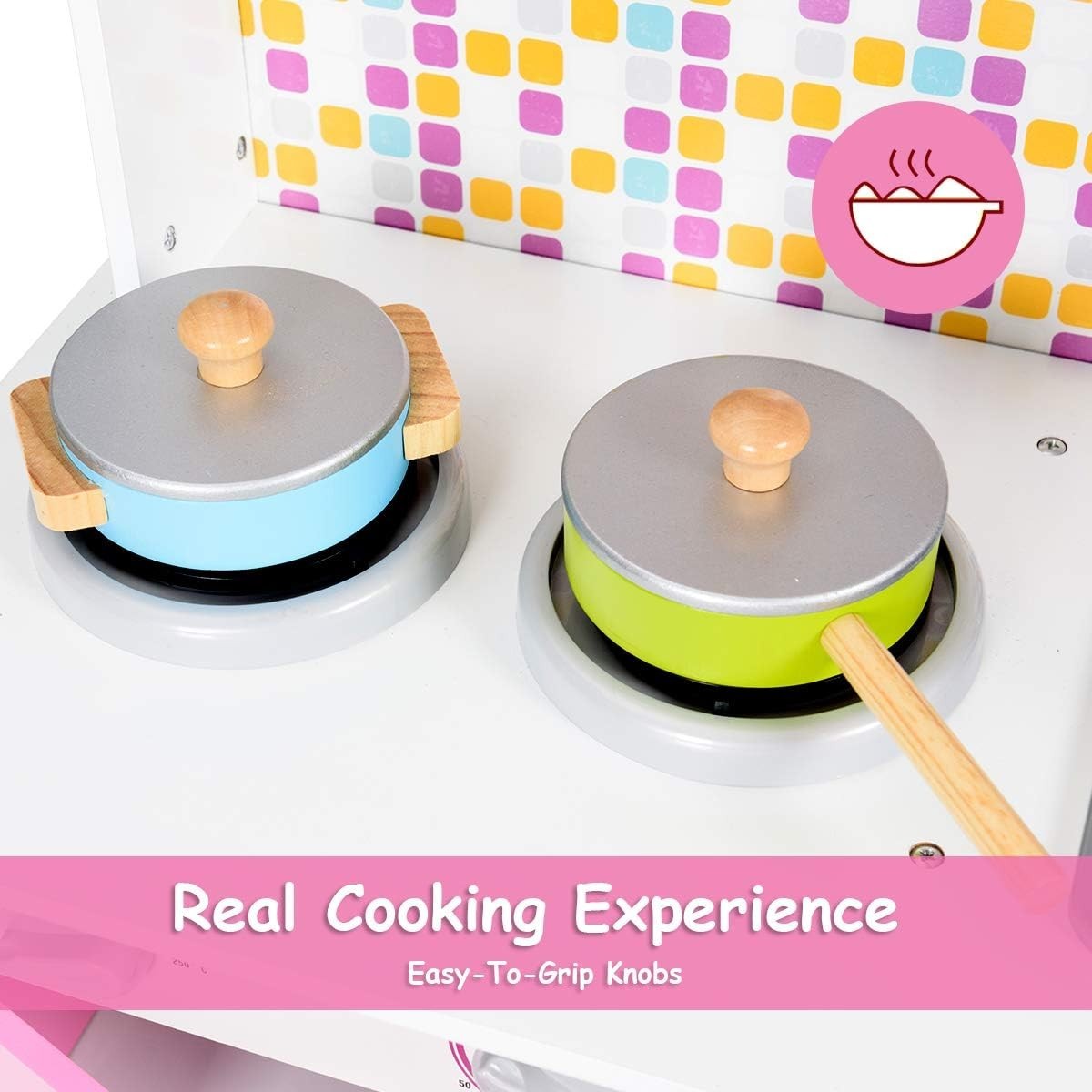 Kids Wooden Play Kitchen Pink w/ Microwave Stove Sink Toy Set
