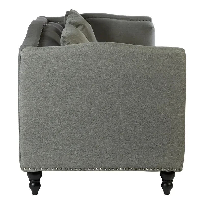 Modern Grey 3 Seater Fabric Sofa with Stud Detail & Wood Legs 300kg Max