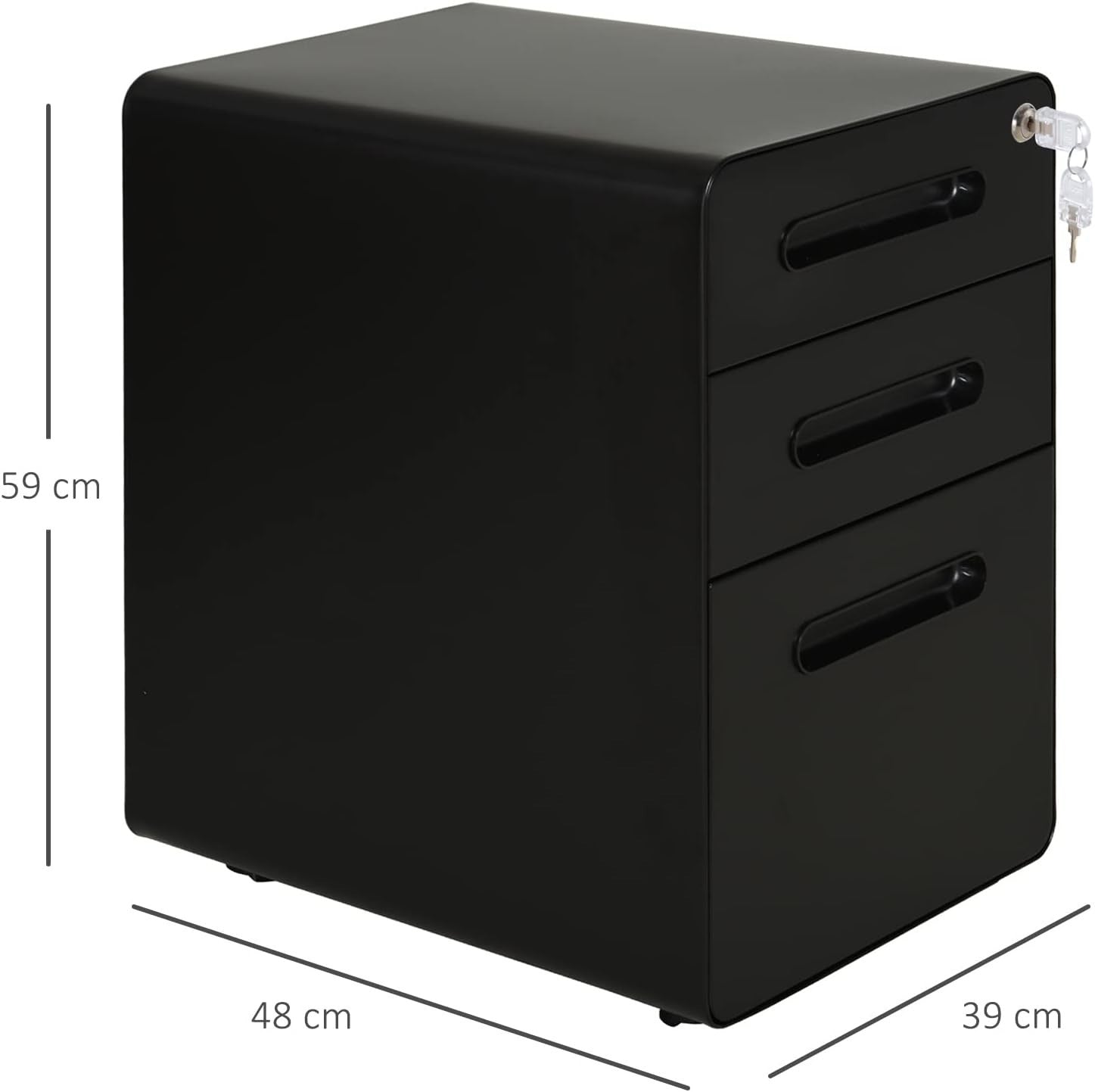 Black 3 Drawer Lockable Filing Cabinet with Wheels – A4 Vertical Office Storage