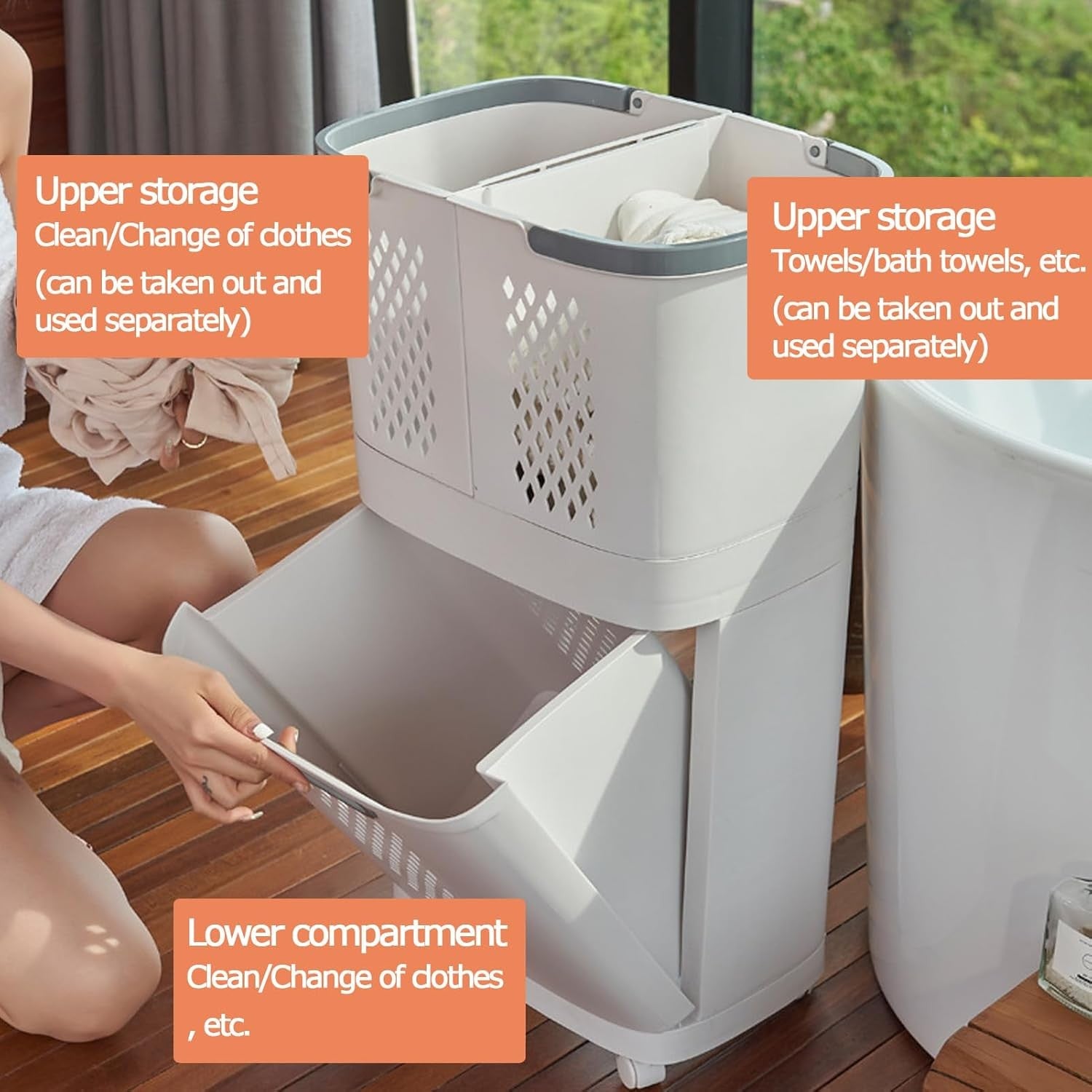 3-Section Laundry Basket on Wheels | Large PP Hamper with Bottom Door | Slim Sto