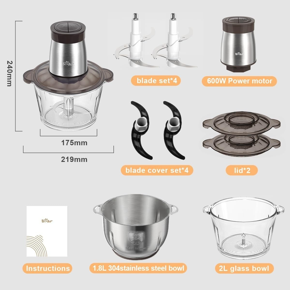 Electric Food Processor 2L 1.8L Meat Grinder Chopper 600W Dual Bowl