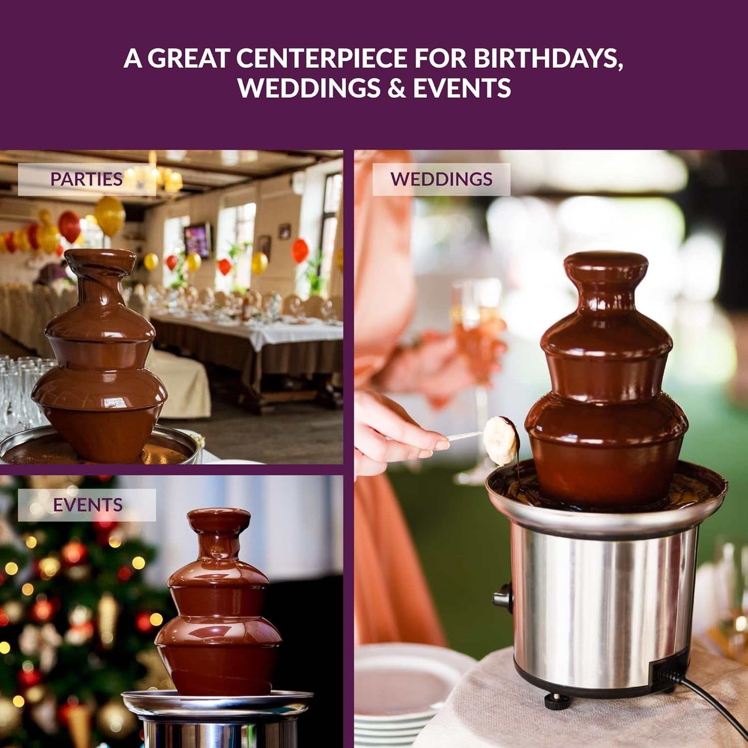 Electric Chocolate Fountain 3 Tier Fondue Set 1L Party Machine 8 Skewers