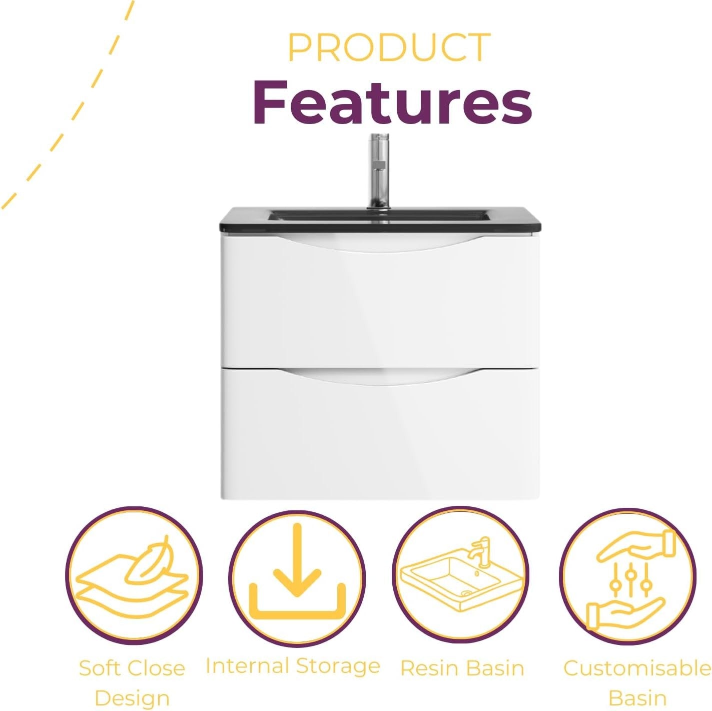 600mm Wall Hung Vanity Unit White Gloss with Grey Glass Basin Bathroom Storage