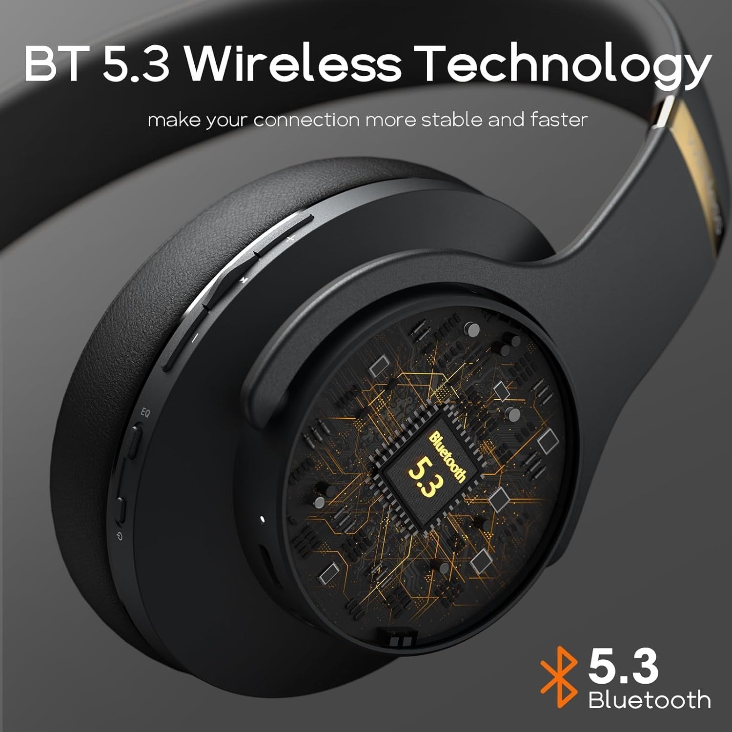 Black Bluetooth 5.3 Over Ear Headphones 90H Playtime 3EQ Foldable
