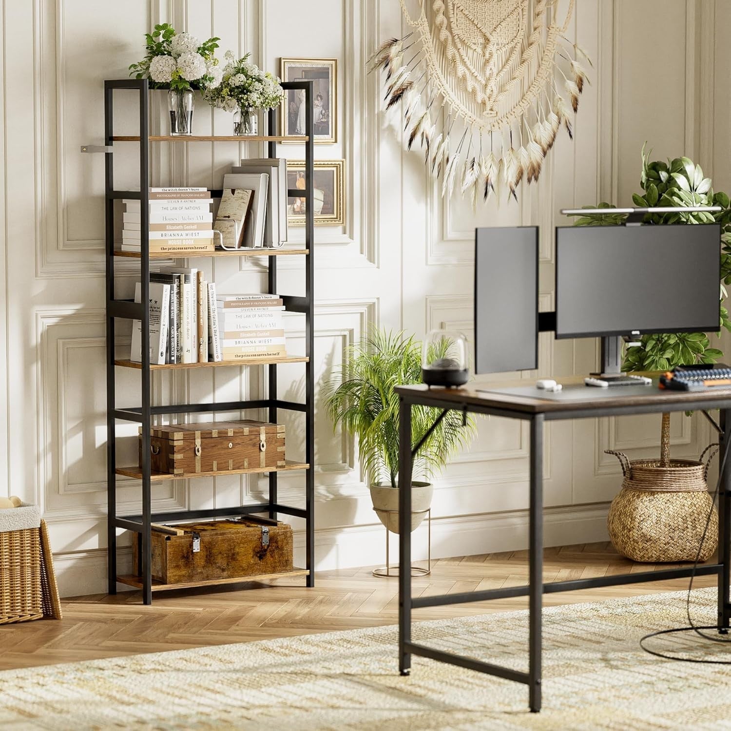5-Tier Rustic Industrial Bookshelf, Tall Bamboo Frame Display Storage Unit
