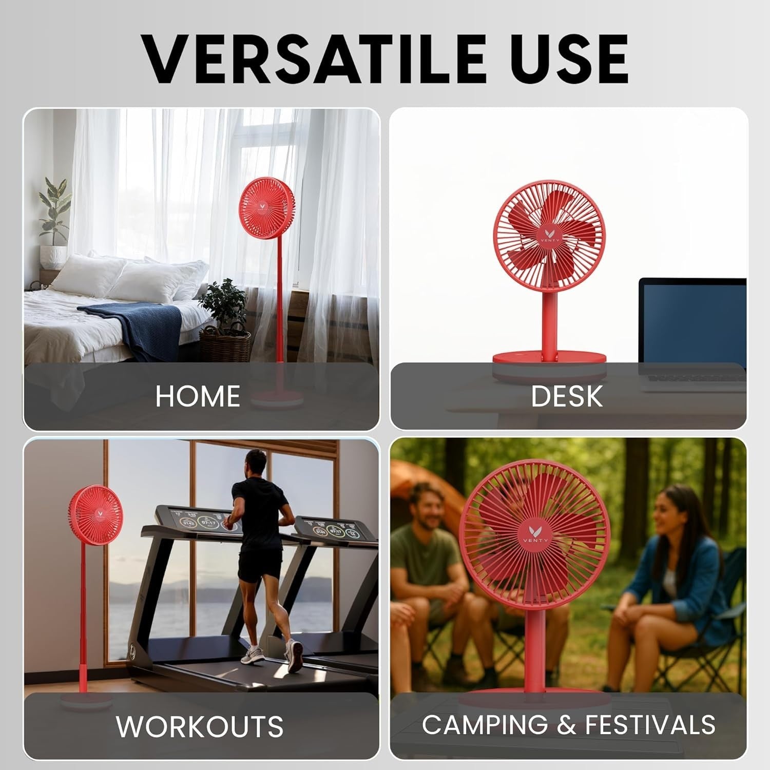 Portable Foldable Fan 4-Speed w Remote LED Light USB-C Rechargeable Red w/ Case