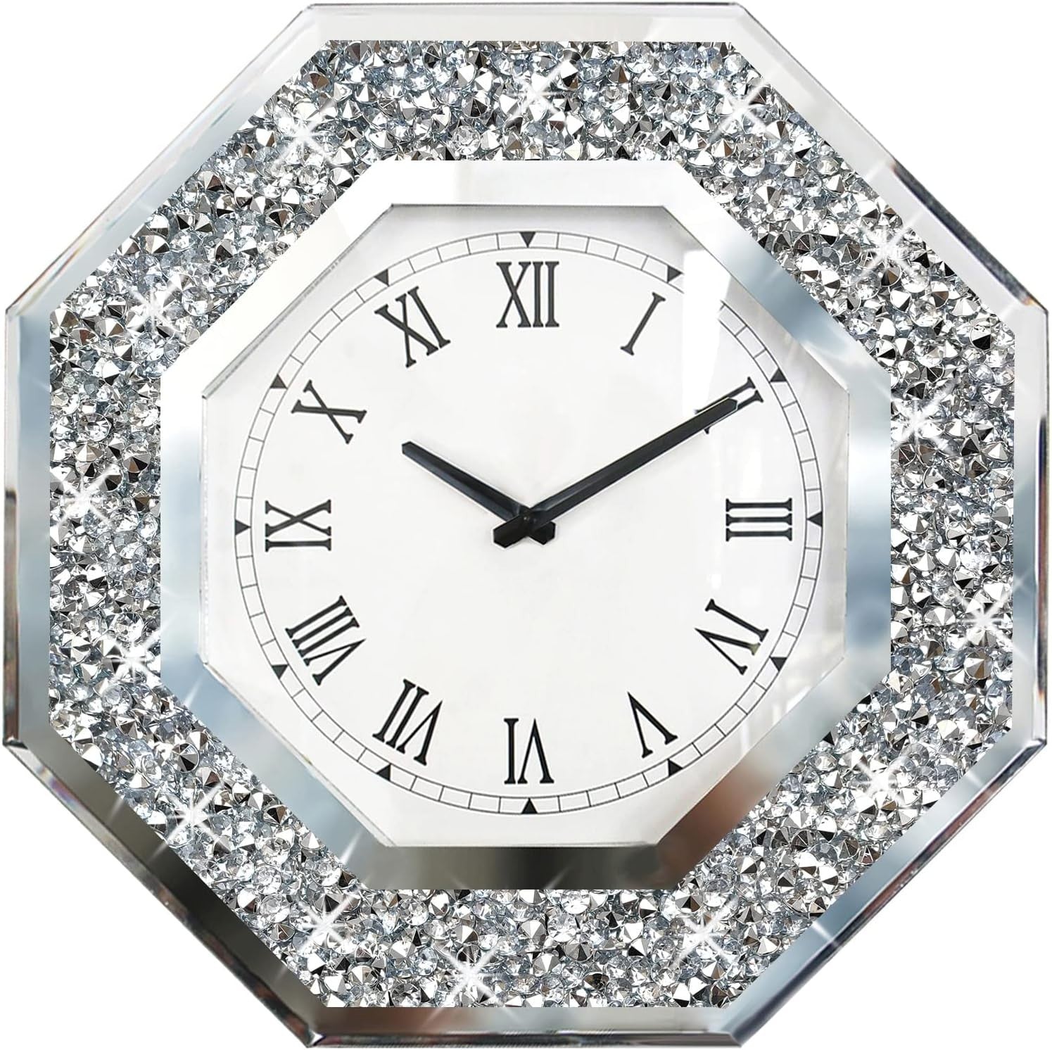 Large Octagon Mirror Wall Clock Diamond Frame Silent Non-Ticking 20 Inch