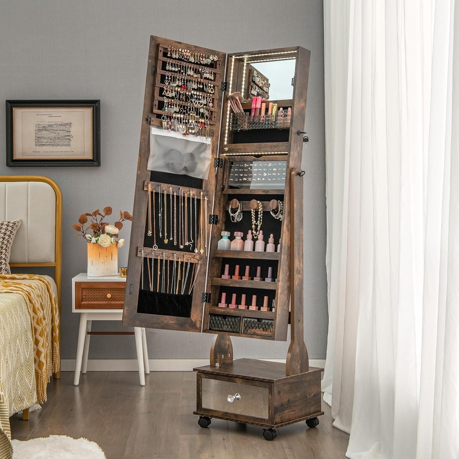 Rustic Brown LED Jewelry Armoire Lockable Mirror Cabinet with Wheels
