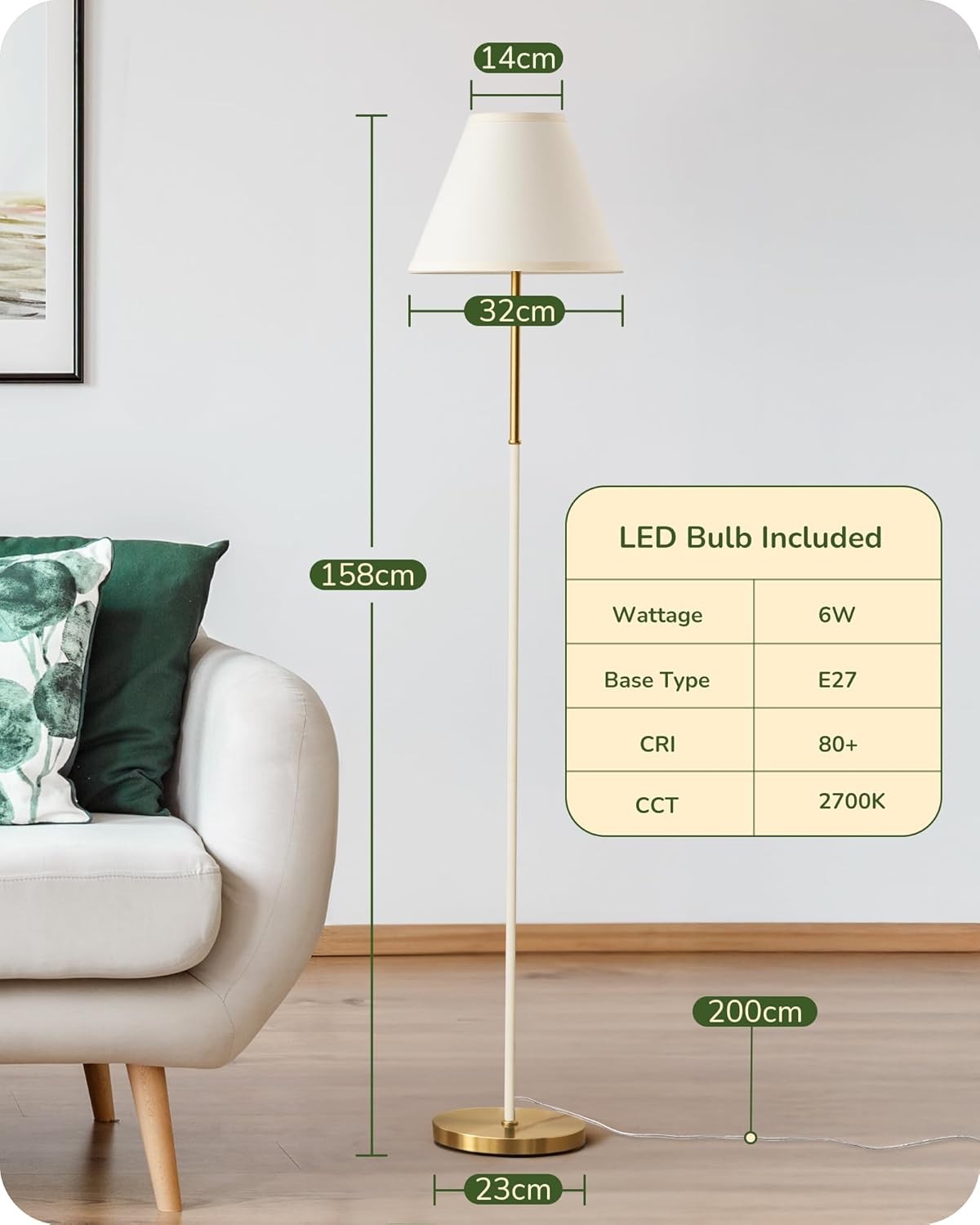 Retro Floor Lamp Linen Shade Tall Standing Light E27 Foot Switch Cream