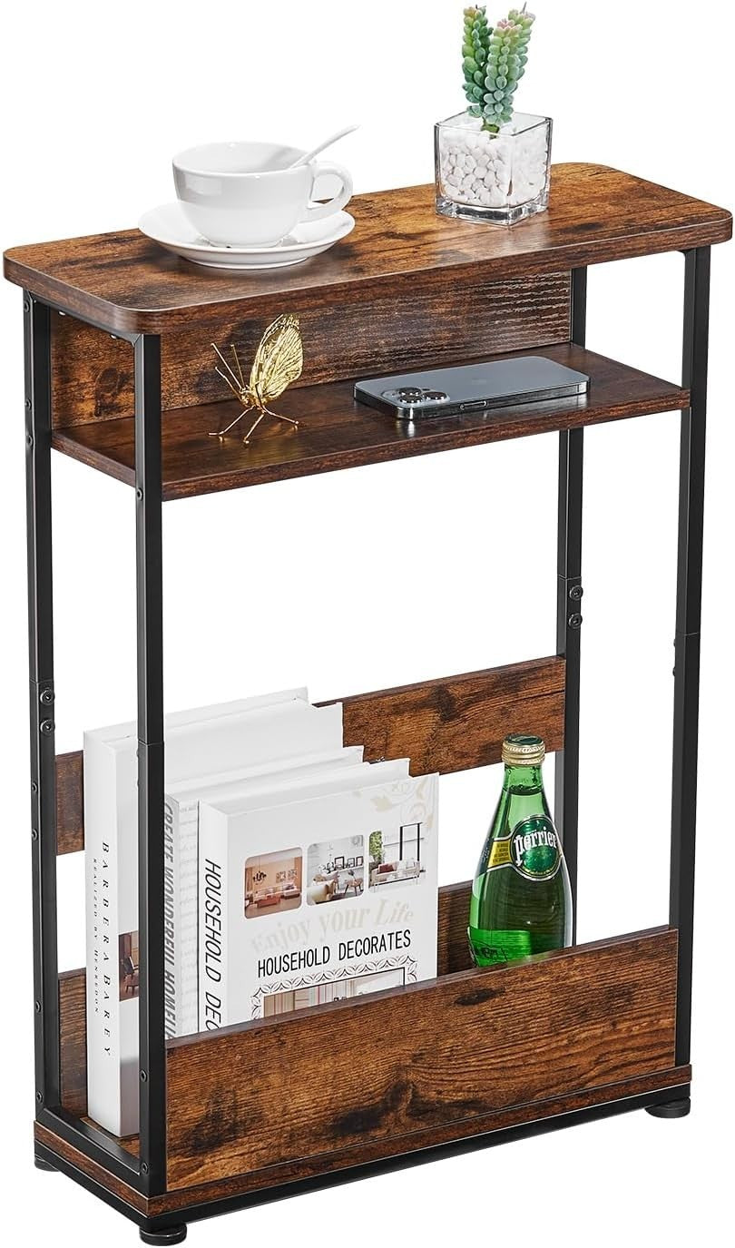 Narrow Rustic Brown Bedside Table 18x40x55cm, Storage Shelf, Slim Design