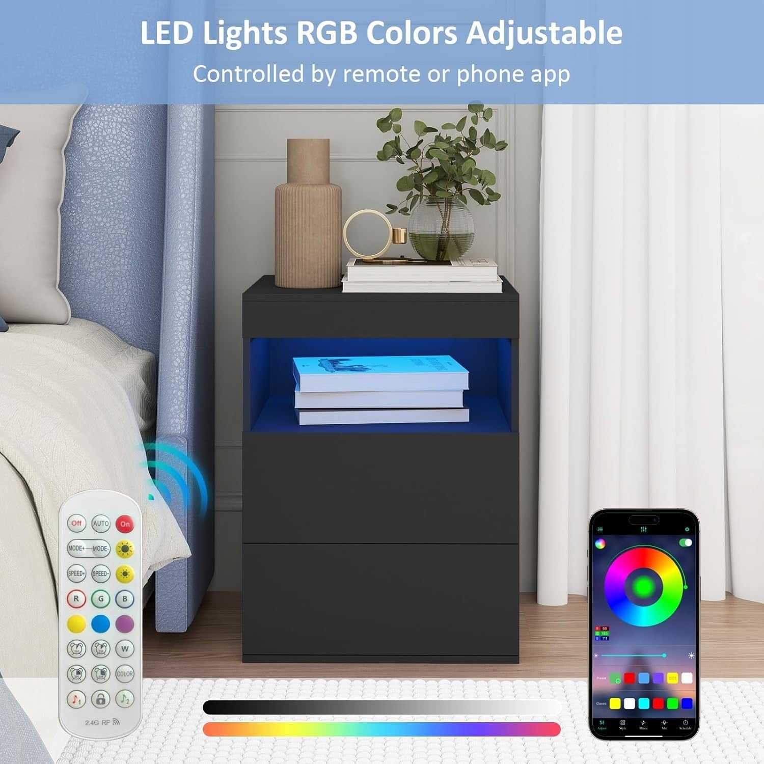 Modern Black LED Bedside Table with Drawers & USB Charging Station