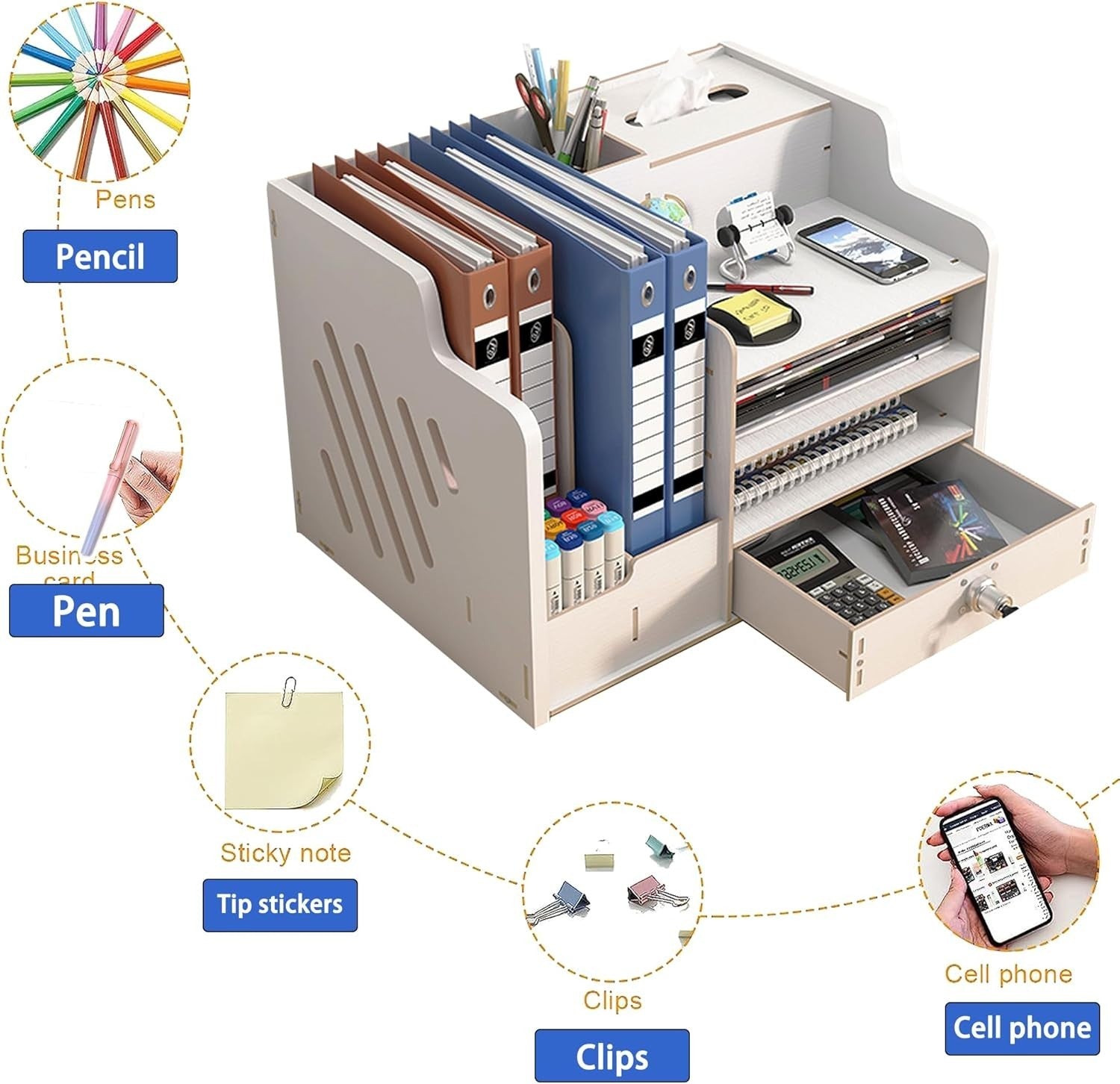 White Desk Organiser with Drawer 9-Compartment Desktop Storage