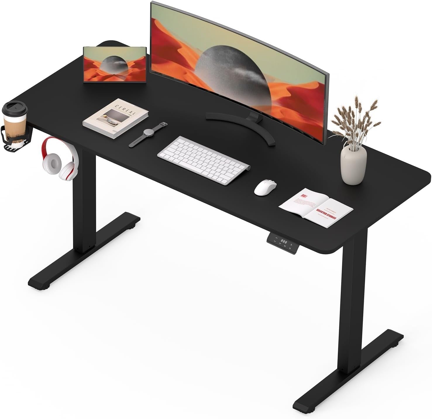 Electric Height Adjustable Standing Desk 110x60cm w/Cup Holder & Hooks