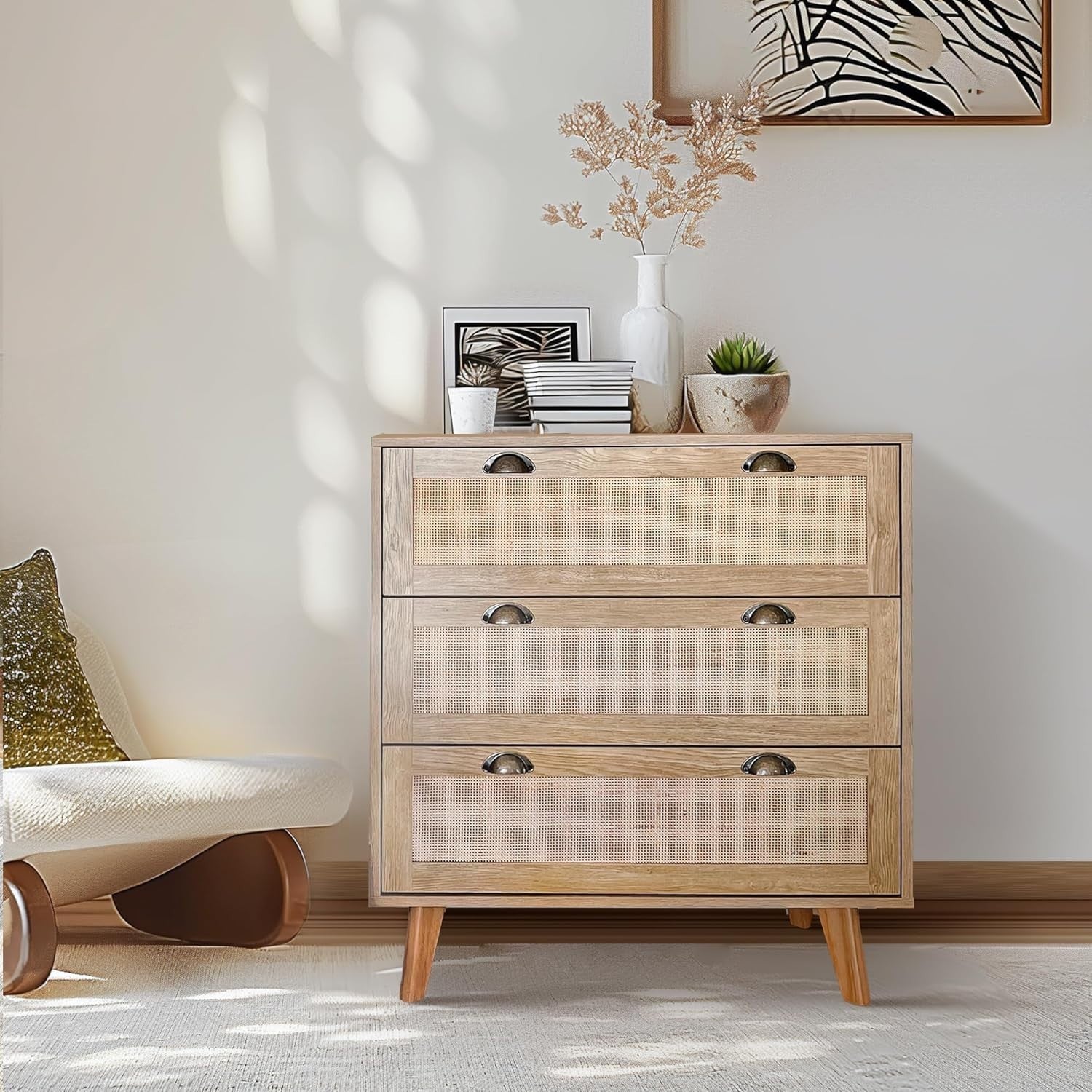 3 Drawer Rattan Chest Rustic Oak Storage Cabinet Boho Bedroom Unit