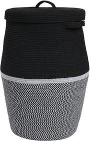 XL 26" Black Cotton Rope Laundry Basket with Lid Large Woven Storage Hamper