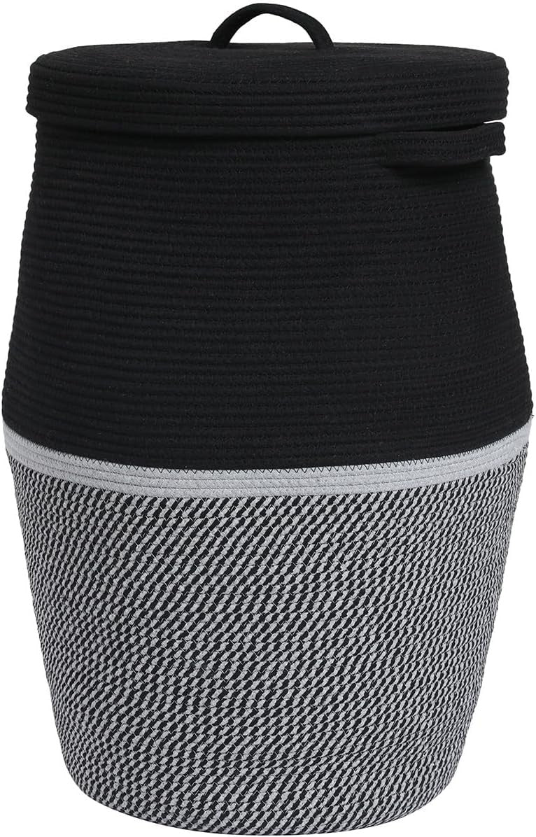 XL 26" Black Cotton Rope Laundry Basket with Lid Large Woven Storage Hamper