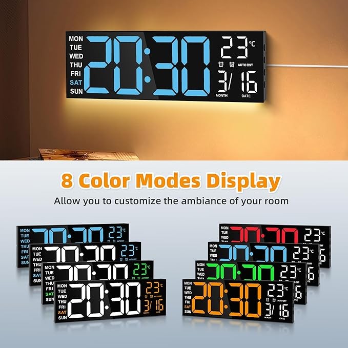 16" RGB Digital Wall Clock Large Display Temp Date Auto-DST Remote Dimmer