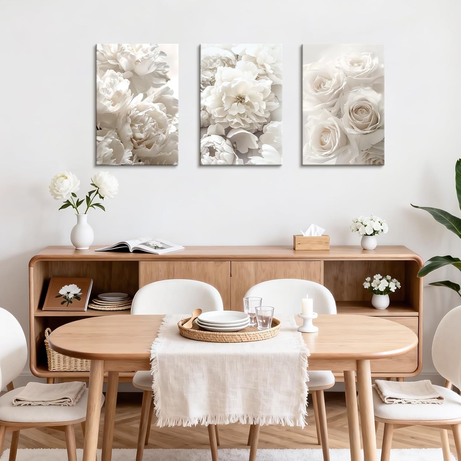 White Floral Canvas Wall Art Set 3 Rose Peony 40x60cmx3
