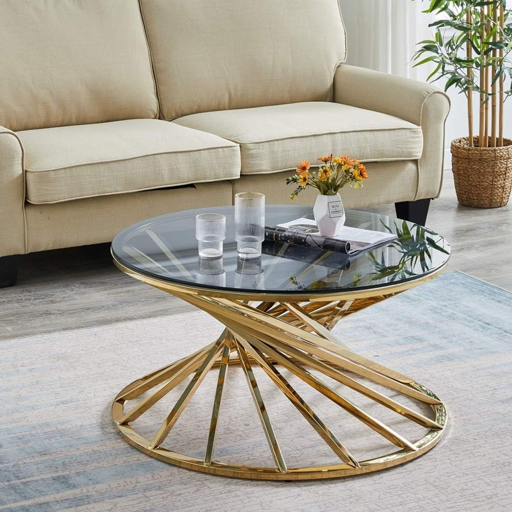Golden Round Glass Coffee Table with Stainless Steel Spiral Frame 80x43cm