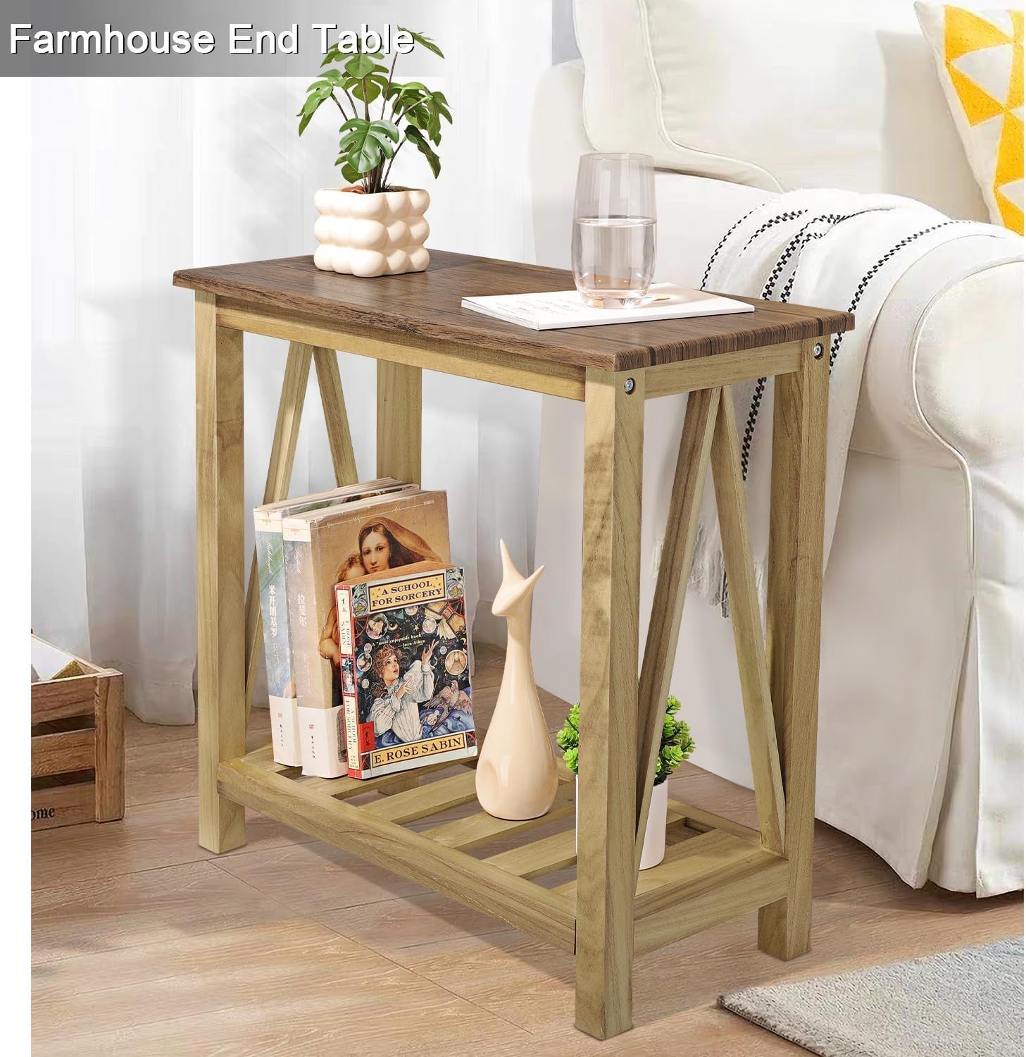 Narrow Wood Side Table with Storage Shelf, Durable Modern Nightstand