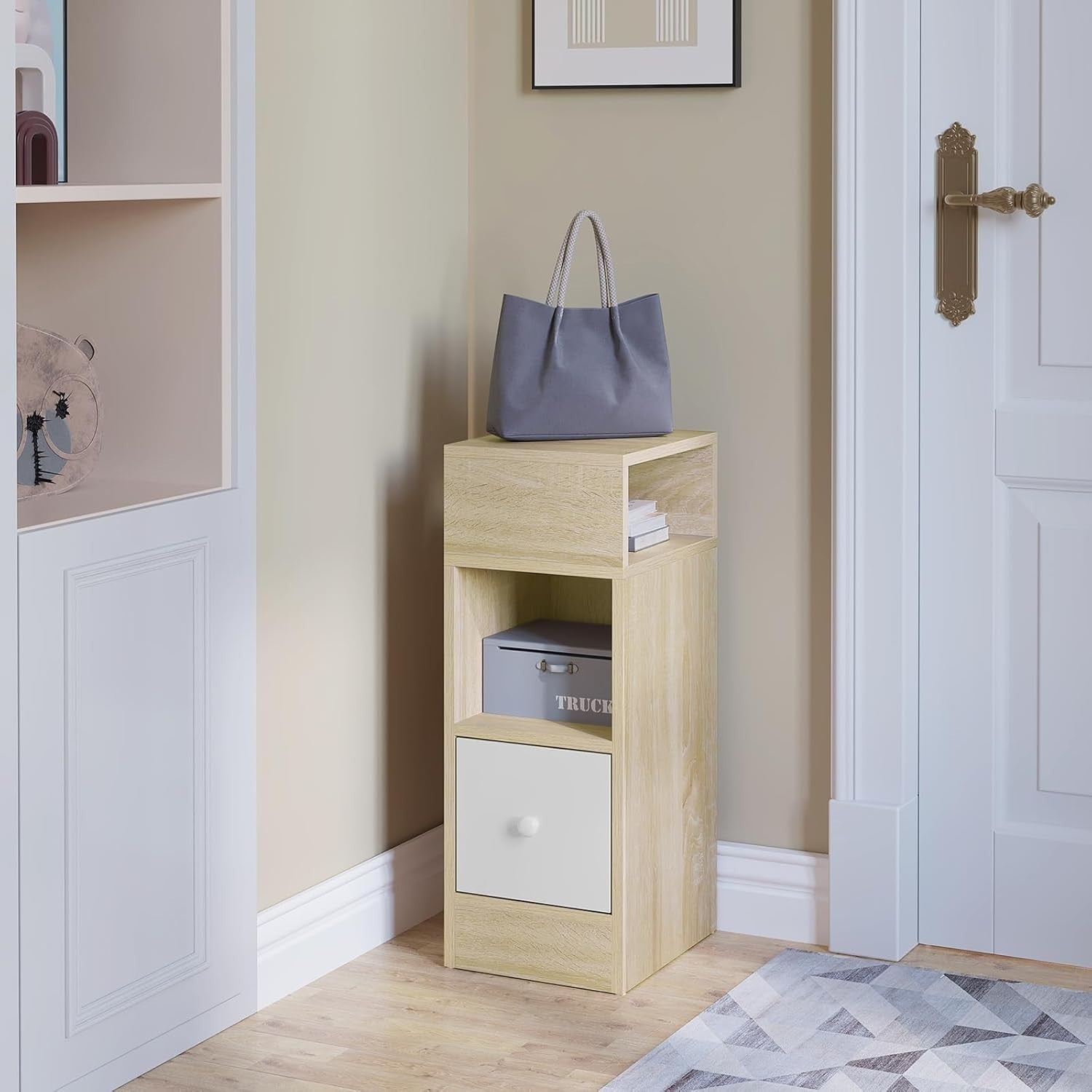 Set of 2 Light Oak Slim Bedside Tables with Drawer & Shelves 25x30x66cm