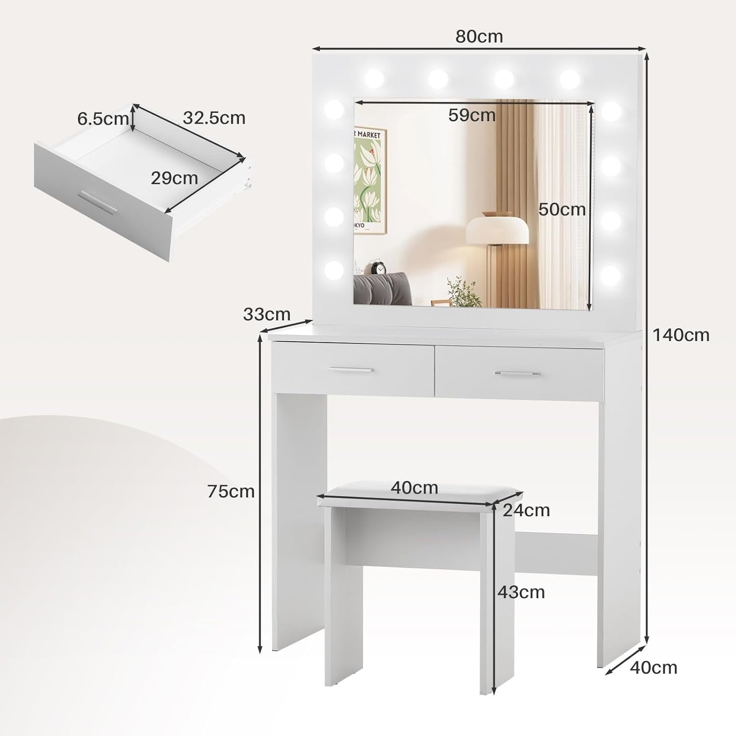 White LED Vanity Dressing Table Makeup Desk Stool Set 2 Drawers Storage Mirror