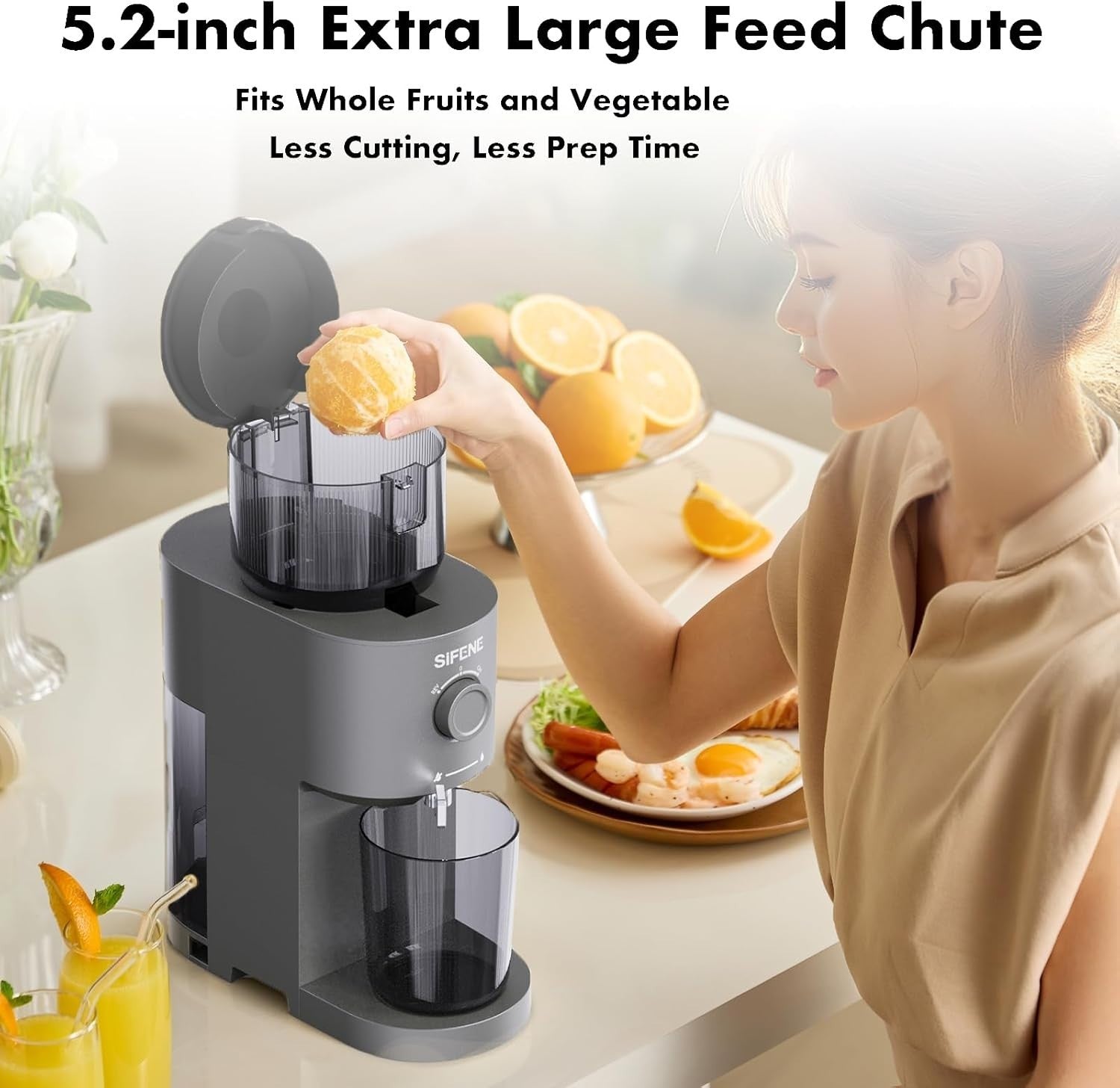 Green Cold Press Juicer 5.2in Feed Chute Whole Fruit High Yield Easy Clean
