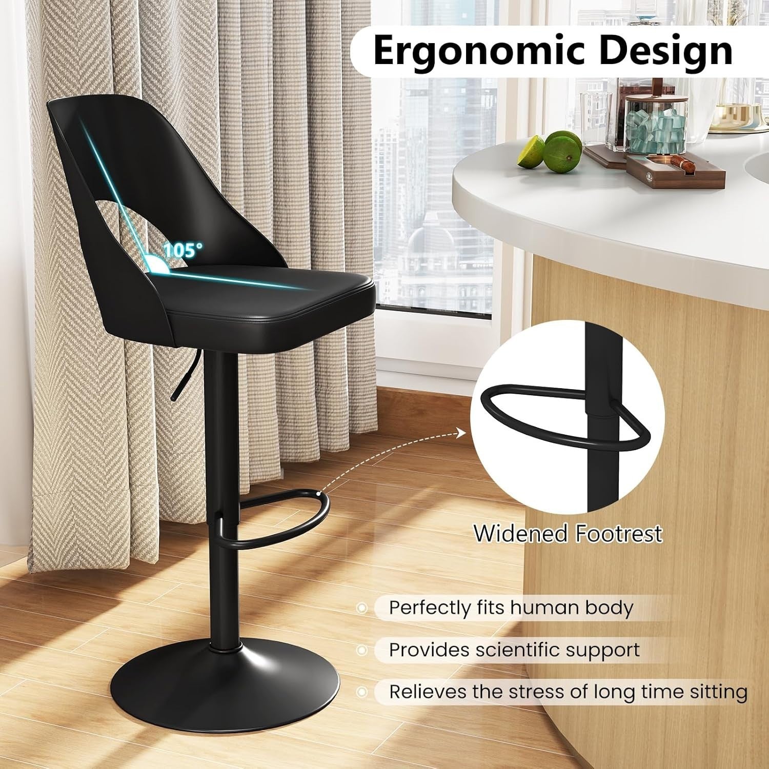 Set of 2 Adjustable Black PU Leather Swivel Bar Stools for Kitchen Counter