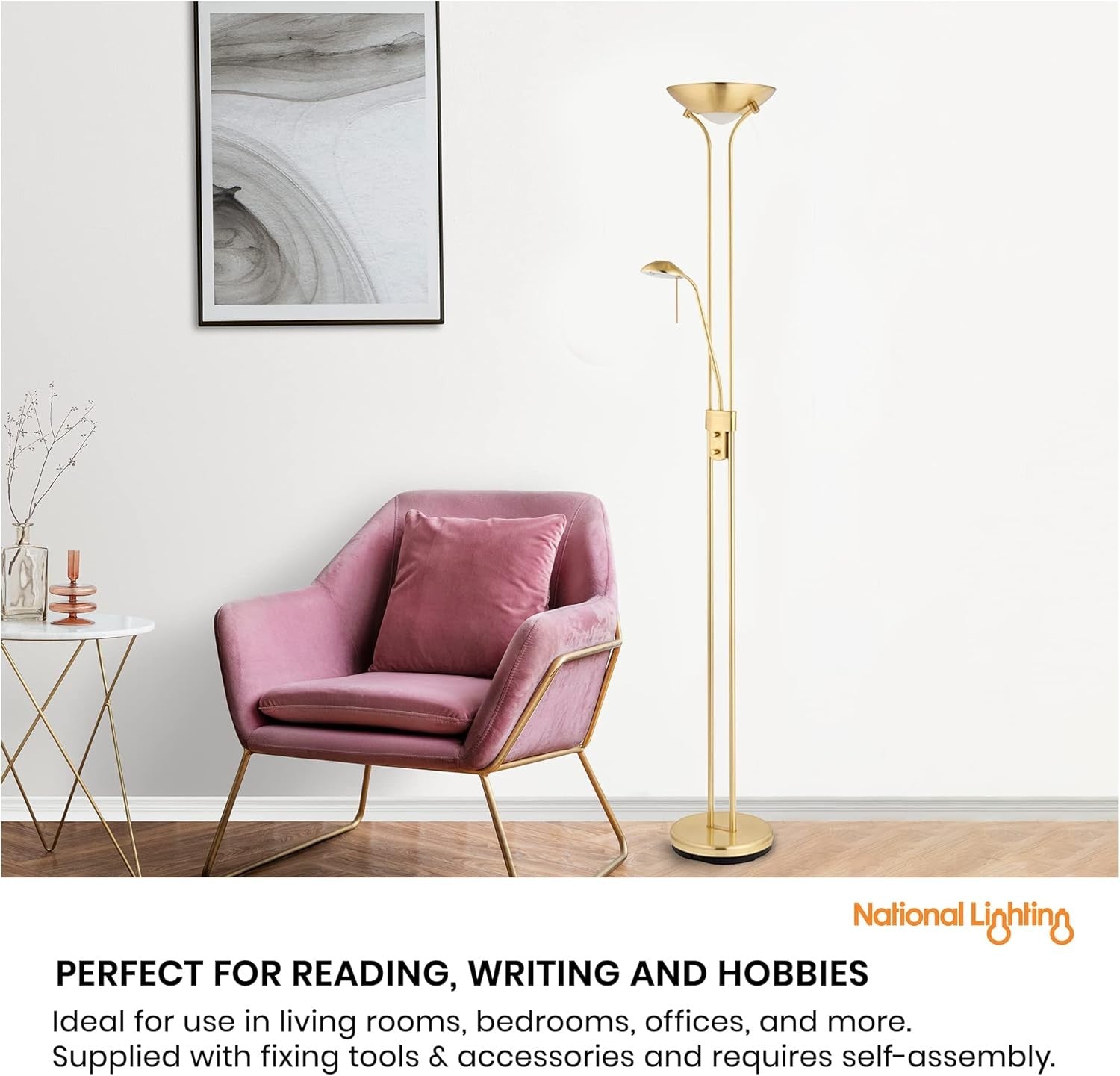 Mother & Child Uplighter Floor Lamp Satin Brass Reading Light Dimmable