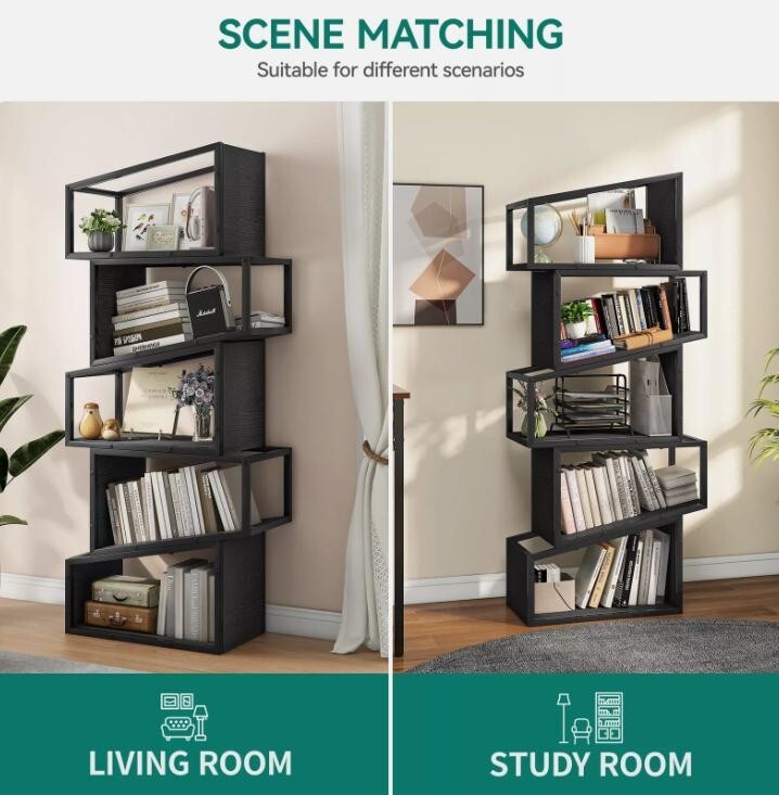 Modern 5 Tier Bookcase Tall Zigzag Bookshelf Display Storage Unit Black