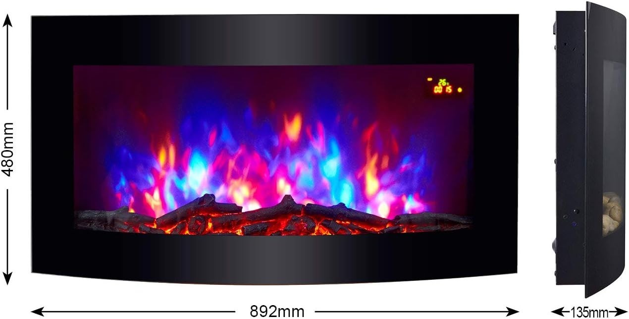 89cm Curved Black Glass Wall Mounted Electric Fireplace with Multi-Color Flame