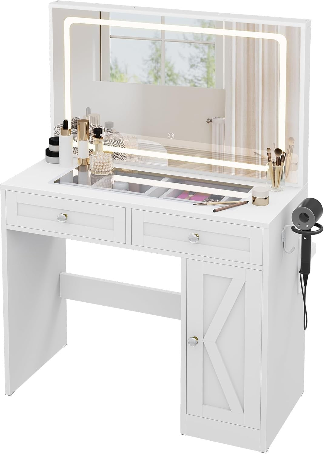 Dressing Table Vanity Set Mirror Lights Desk 2 Drawers Charging Hub S