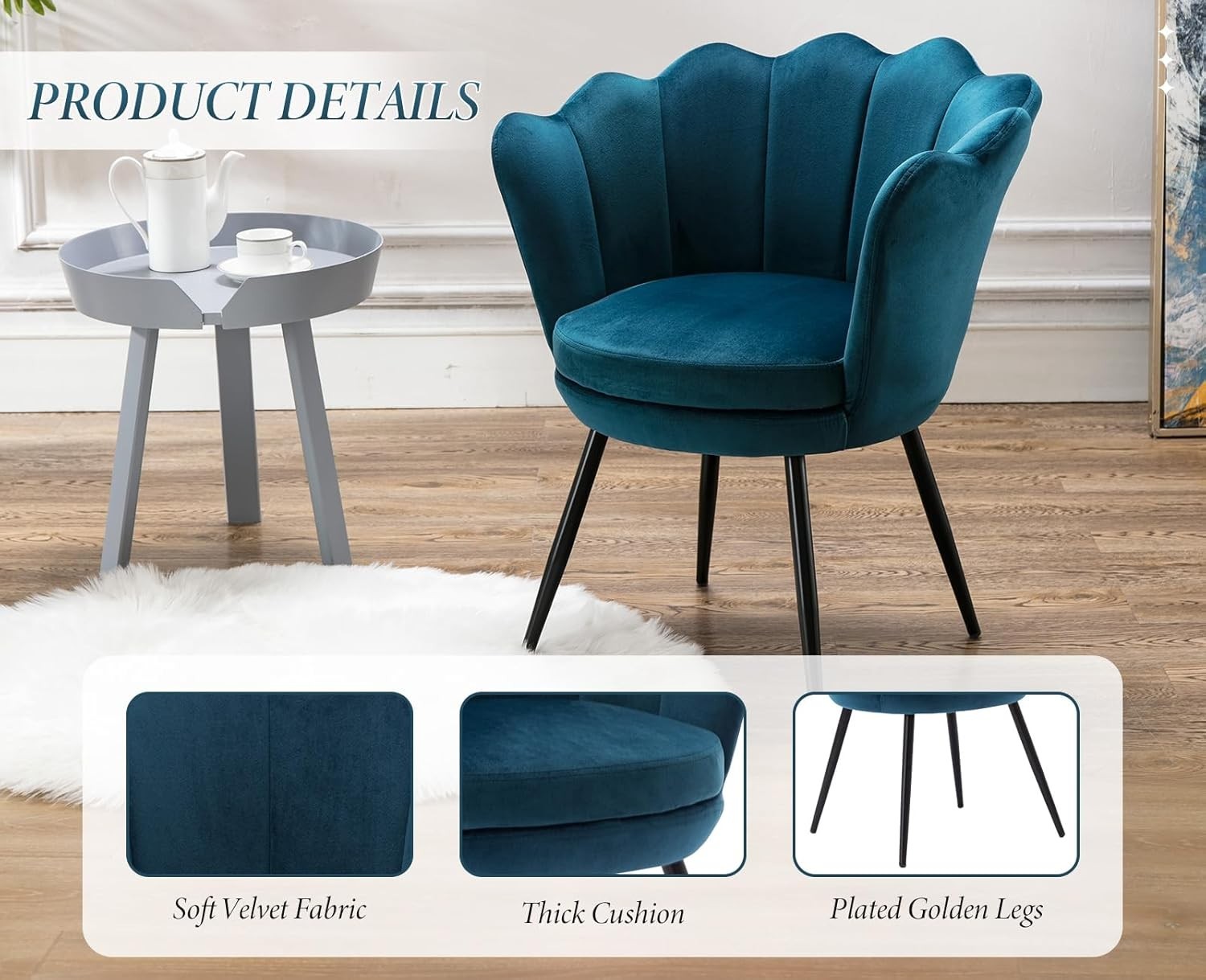 Teal  Velvet Lounge Chair Gold Legs | Petal Back Armchair for Bedroom