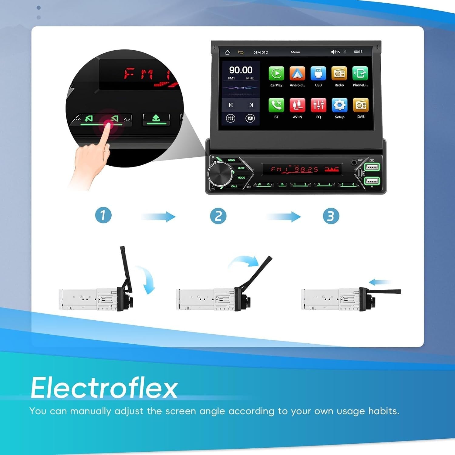 7" Electric Flip-Out Car Stereo Wireless CarPlay Android Auto DAB+